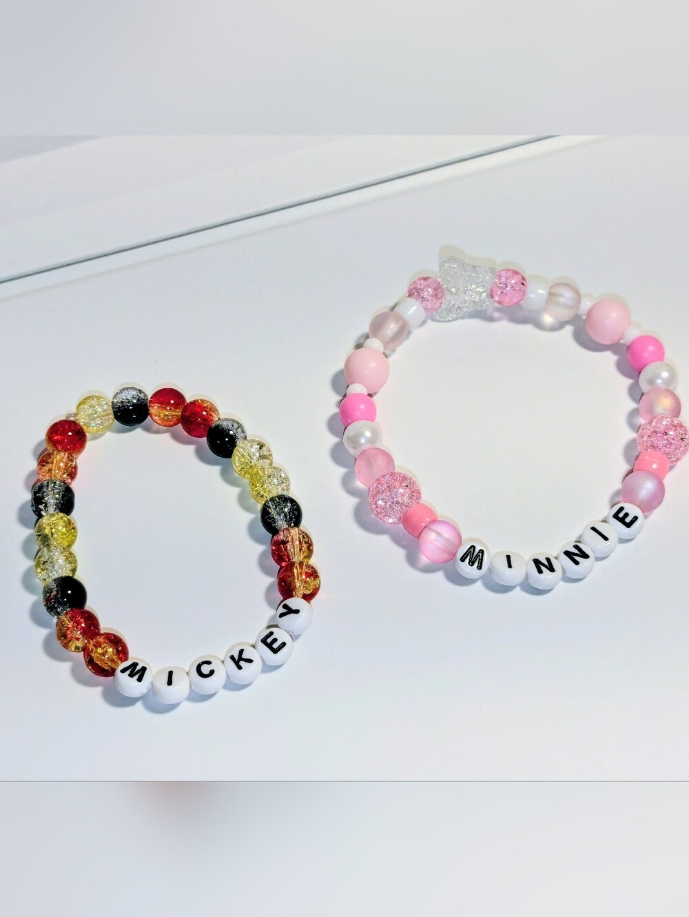 Personalized Kids Bead Bracelet - Pink Minnie & Multicolor Mickey Set